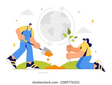Restoration Vector Illustration featuring Tree Planting in a Forest with Green Plant Care, Watering, and Environmental Protection to Save Nature