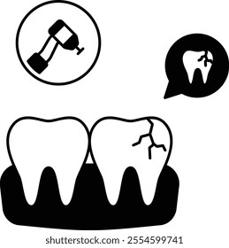 Restorative Odontology or Dental fillings concept, Removing and Applying Crown on Teeth vector outline design, Dentist symbol, manual dexterity sign Dentist tools illustration