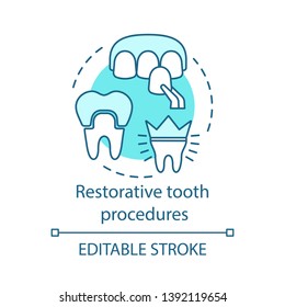 Restorative tooth procedures concept icon. Dentist work. Modern dentistry. Color matching and crown installation idea thin line illustration. Vector isolated outline drawing. Editable stroke