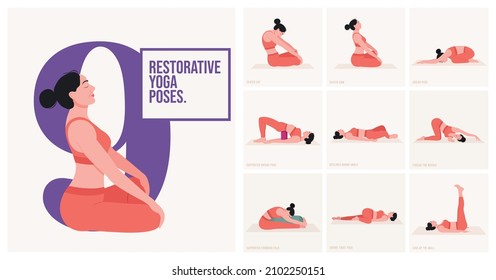 Restorative Yoga poses. Young woman practicing Yoga poses. Woman workout fitness and exercises.