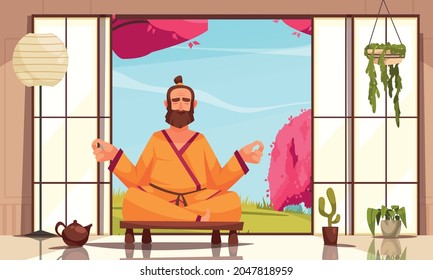 Restorative yoga with therapeutic brew in teapot cartoon composition with man meditating in lotus pose vector illustration