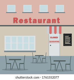 Restoraunt closed. Vector Closing cafe and everyone to quarantine. Coronavirus concept. Café, restaurant with plate closed, coronavirus sign. Coronavirus concept Novel coronavirus 2019-nCoV, covid-19
