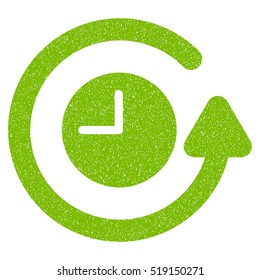 Restore Clock grainy textured icon for overlay watermark stamps. Flat symbol with dirty texture. Dotted vector eco green ink rubber seal stamp with grunge design on a white background.