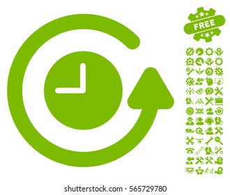 Restore Clock icon with bonus setup tools symbols. Vector illustration style is flat iconic eco green symbols on white background.