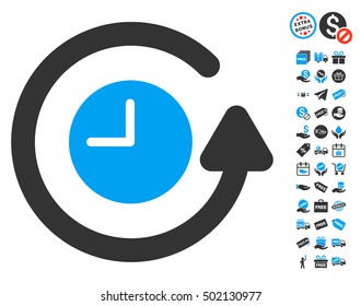 Restore Clock icon with free bonus images. Vector illustration style is flat iconic symbols, blue and gray colors, white background.