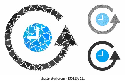 Restore clock mosaic of rough items in various sizes and shades, based on restore clock icon. Vector abrupt items are combined into mosaic. Restore clock icons collage with dotted pattern.