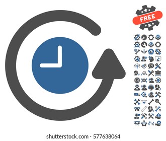 Restore Clock pictograph with bonus options design elements. Vector illustration style is flat iconic cobalt and gray symbols on white background.