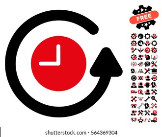 Restore Clock pictograph with bonus tools pictures. Vector illustration style is flat iconic intensive red and black symbols on white background.