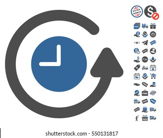 Restore Clock pictograph with free bonus clip art. Vector illustration style is flat iconic symbols, cobalt and gray colors, white background.