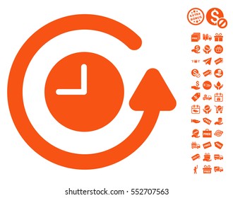Restore Clock pictograph with free bonus icon set. Vector illustration style is flat iconic symbols, orange color, white background.