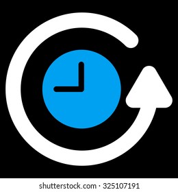 Restore Clock vector icon. Style is bicolor flat symbol, blue and white colors, rounded angles, black background.