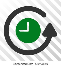 Restore Clock vector pictogram. Illustration style is flat iconic bicolor green and gray symbol on a hatch transparent background.