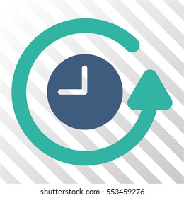 Restore Clock vector pictogram. Illustration style is flat iconic bicolor cobalt and cyan symbol on a hatched transparent background.