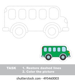 Restore dashed line and color the picture, the educational vector game for kids with easy game level. Simple kid tracing worksheet with Bus.