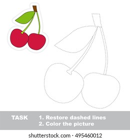 Restore dashed line and color the picture, the educational vector game for kids with easy game level. Simple kid tracing worksheet with Cherry