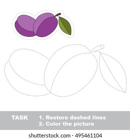 Restore dashed line and color the picture, the educational vector game for kids with easy game level. Simple kid tracing worksheet with Plums
