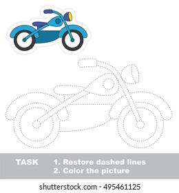 Restore dashed line and color the picture, the educational vector game for kids with easy game level. Simple kid tracing worksheet with Bike