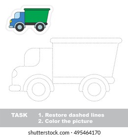 Restore dashed line and color the picture, the educational vector game for kids with easy game level. Simple kid tracing worksheet with Lorry