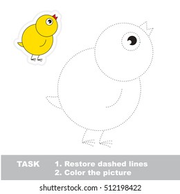 Restore dashed line and color the picture, the educational vector game for kids with easy game level. Simple kid tracing worksheet with Chicken.