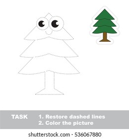 Restore dashed line and color the picture, the educational vector game for kids with easy game level. Simple kid tracing worksheet with Funny New Year Tree.