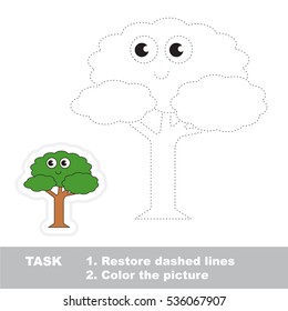 Restore dashed line and color the picture, the educational vector game for kids with easy game level. Simple kid tracing worksheet with Leaf Tree.