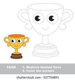 Restore dashed line and color the picture, the educational vector game for kids with easy game level, simple kid tracing educational worksheet with Funny Winner Cup