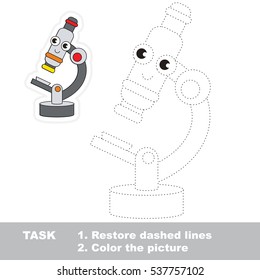 Restore dashed line and color the picture, the educational vector game for kids with easy game level, simple kid tracing educational worksheet with Microscope