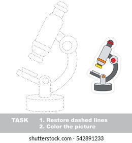 Restore dashed line and color the picture, the educational vector game for kids with easy game level, simple kid tracing educational worksheet with Microscope