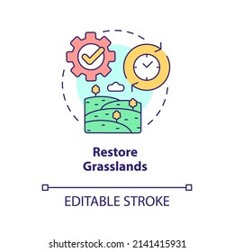 Restore Grasslands Concept Icon. Fields Management. Shift To Regenerative Culture Abstract Idea Thin Line Illustration. Isolated Outline Drawing. Editable Stroke. Arial, Myriad Pro-Bold Fonts Used