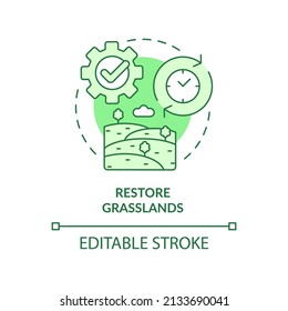 Restore Grasslands Green Concept Icon. Fields Control. Shift To Regenerative Culture Abstract Idea Thin Line Illustration. Isolated Outline Drawing. Editable Stroke. Arial, Myriad Pro-Bold Fonts Used