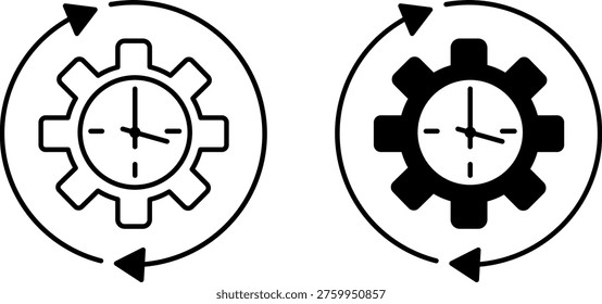 Restore Icons. Line and Glyph Vector Icons. Gear, Clock, and Rotating Hands. Restore to Original Condition. Repair and Service Concept