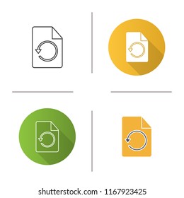 Restore page icon. File with reload sign. Data synchronization. Document with circle arrow. Flat design, linear and color styles. Isolated vector illustrations