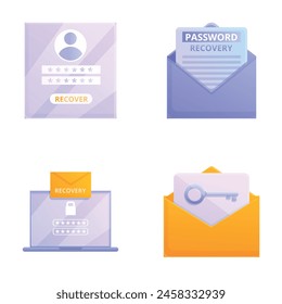 Restore password icons set cartoon vector. Recovery of password for account. Internet information security