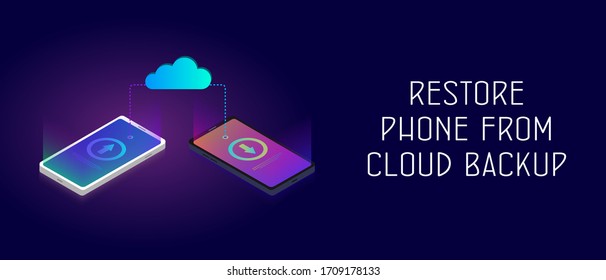 Restaure el teléfono desde el almacenamiento de respaldo en la nube. Banner vectorial isométrico horizontal con nube y smartphones que intercambian datos (subir y actualizar fotos, notas, contactos e información personal privada).