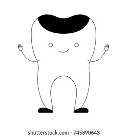 restored tooth cartoon in black silhouette vector illustration