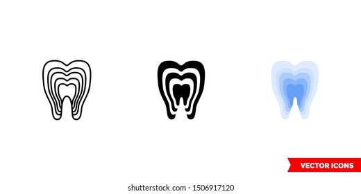 Restored tooth icon of 3 types: color, black and white, outline. Isolated vector sign symbol.
