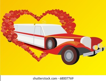 Restored vintage limousine with wedding rings on the roof, against a background of abstract hearts.