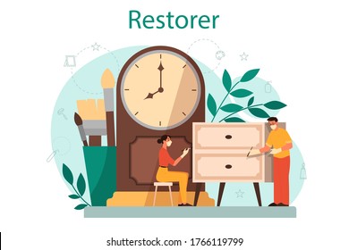 Restorer concept. Artist restores an ancient statue, old painting and furniture. Person carefully repair old art object. Vector illustration in cartoon style