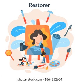 Restorer concept. Artist restores an ancient statue, old painting and furniture. Person carefully repair old art object. Vector illustration in cartoon style