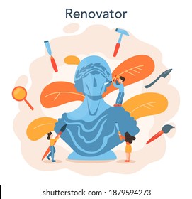 Restorer concept. Artist restores an ancient statue, old painting and furniture. Person carefully repair old art object. Vector illustration in cartoon style