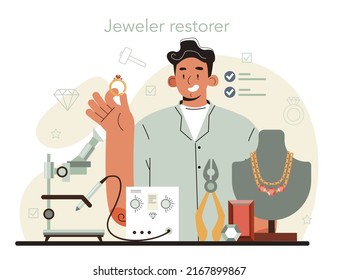 Restorer concept. Artist restores a jewelry, precious stones accessories. Person carefully repair old art object. Vector illustration in cartoon style