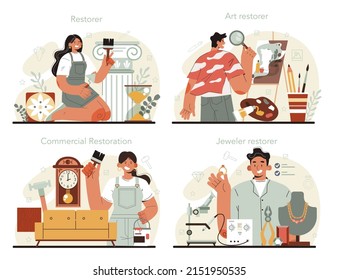 Restorer concept set. Artist restores an ancient statue, old painting and furniture. Jewelry restorer. Person carefully repair old art object. Vector illustration in cartoon style