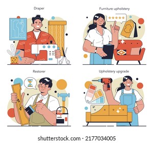 Restorer concept set. Draper restoring, decorating and painting old furniture. Draper renewing and repairing upholstery. Flat vector illustration