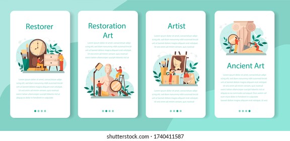 Restorer mobile application banner set. Artist restores an ancient statue, old painting and furniture. Person carefully repair old art object. Vector illustration in cartoon style