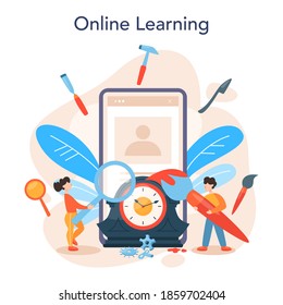 Restorer online service or platform. Artist restores an ancient statue, old painting and furniture. Online learning. Vector illustration in cartoon style