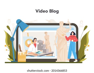 Restorer online service or platform. Artist restores old statue, painting and furniture. Person carefully repair old art object. Video blog. Vector illustration