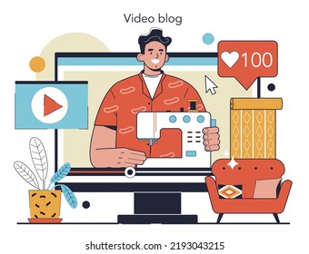 Restorer online service or platform. Draper restoring and decorating old furniture. Upholstery renewing and repairing. Video blog. Flat vector illustration