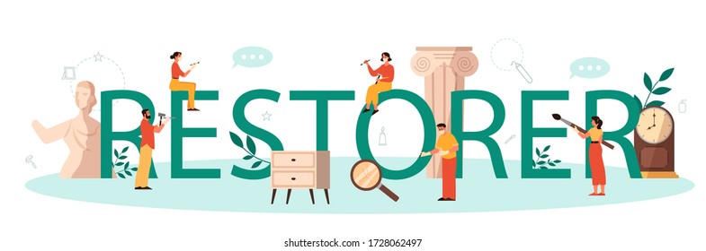 Restorer typographic header concept. Artist restores an ancient statue, old painting and furniture. Person carefully repair old art object. Vector illustration in cartoon style