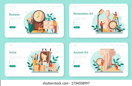 Restorer web banner or landing page set. Artist restores an ancient statue, old painting and furniture. Person carefully repair old art object. Vector illustration in cartoon style