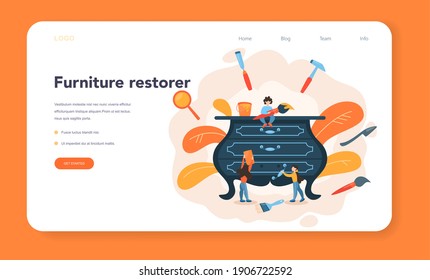 Restorer web banner or landing page. Artist restores an ancient statue, old painting and furniture. Person carefully repair old art object. Vector illustration in cartoon style